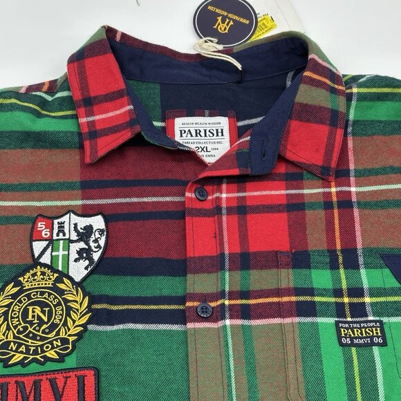 Parish Nation Men's Size 2XL Plaid Flannel Patch Long Sleeve Button Up Shirt NWT - Picture 4 of 11